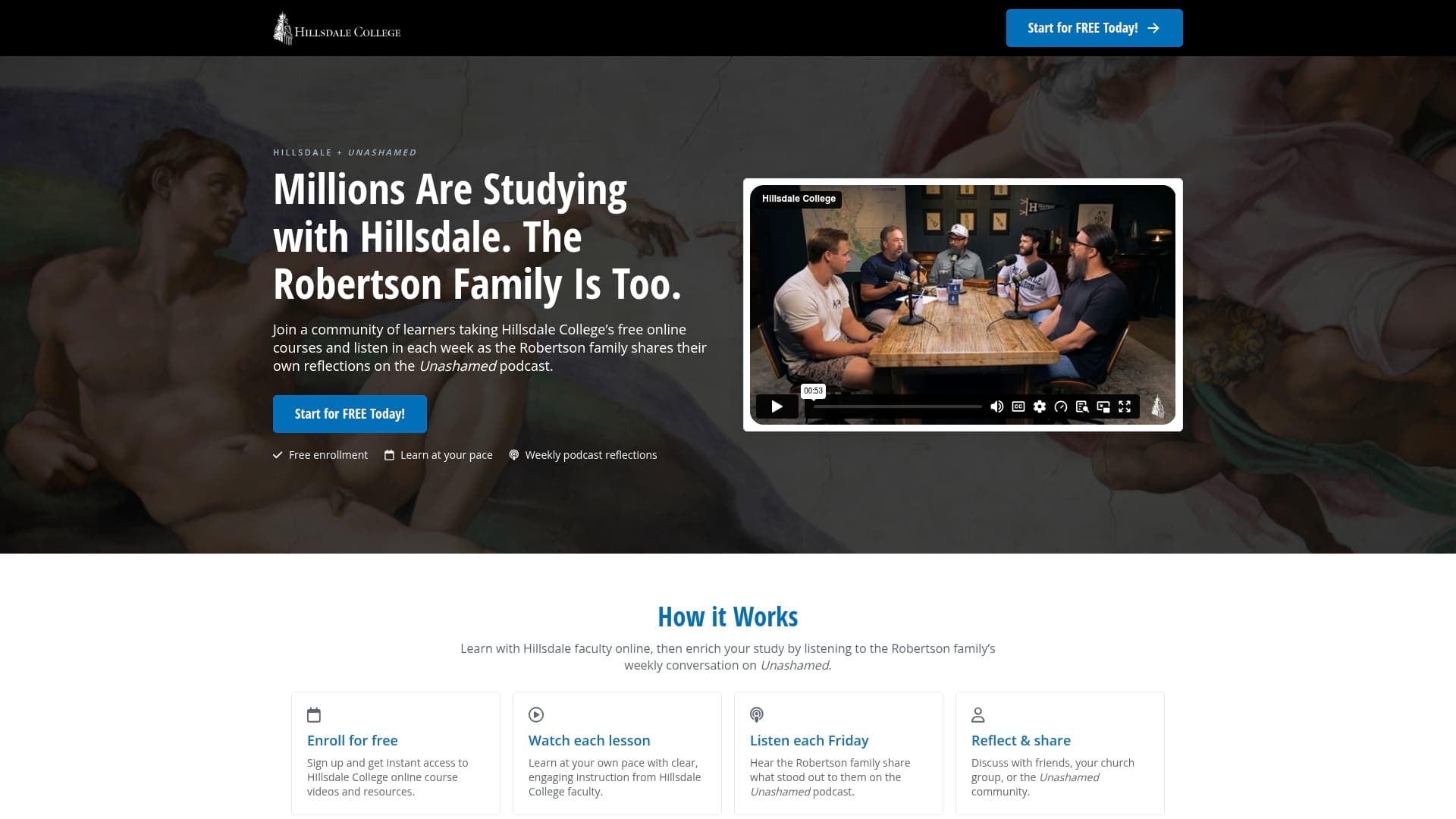 Hillsdale College sponsor landing page advertised on Unashamed with the Robertson Family