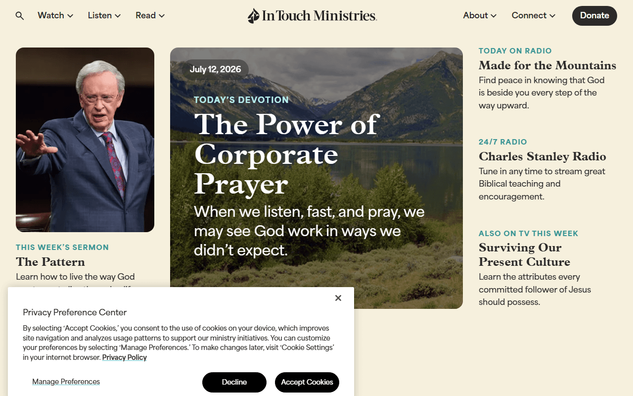 InTouch Ministries sponsor landing page advertised on Daily Radio Program with Charles Stanley - In Touch Ministries
