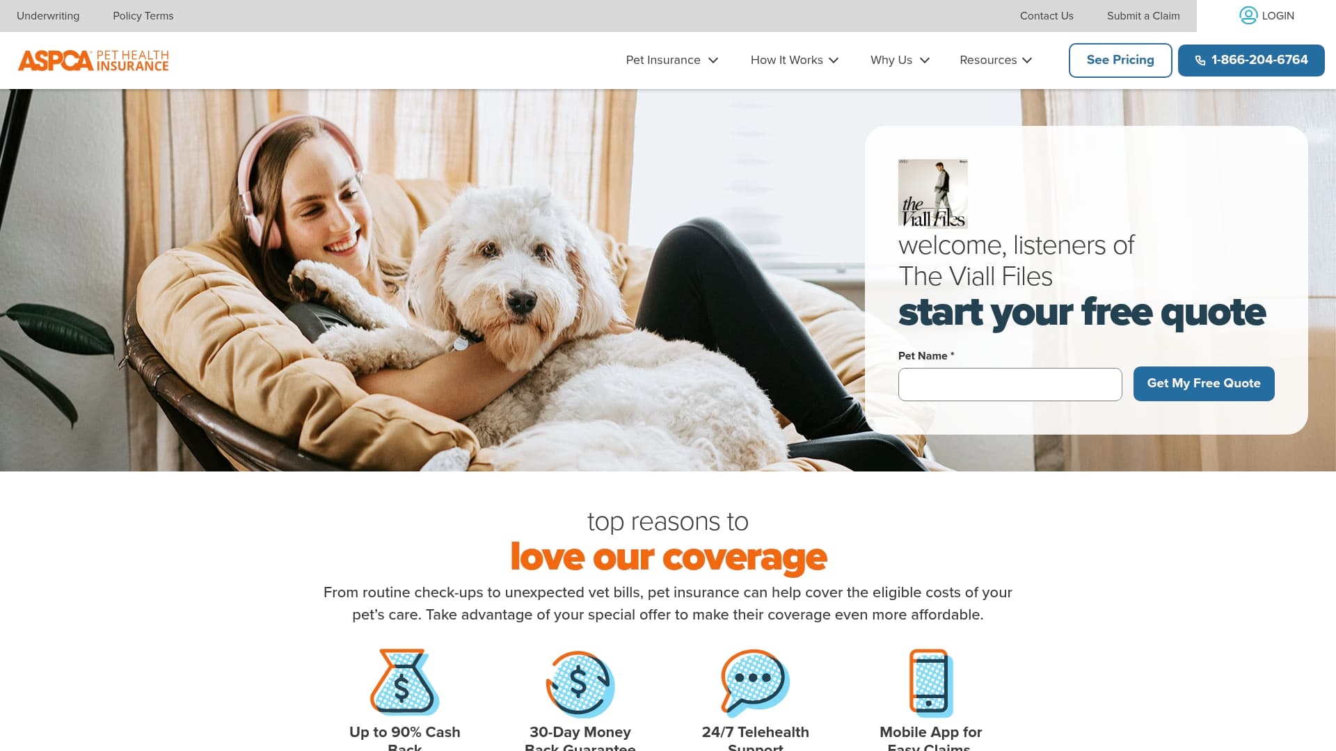 ASPCA Pet Health Insurance sponsor landing page advertised on The Viall Files