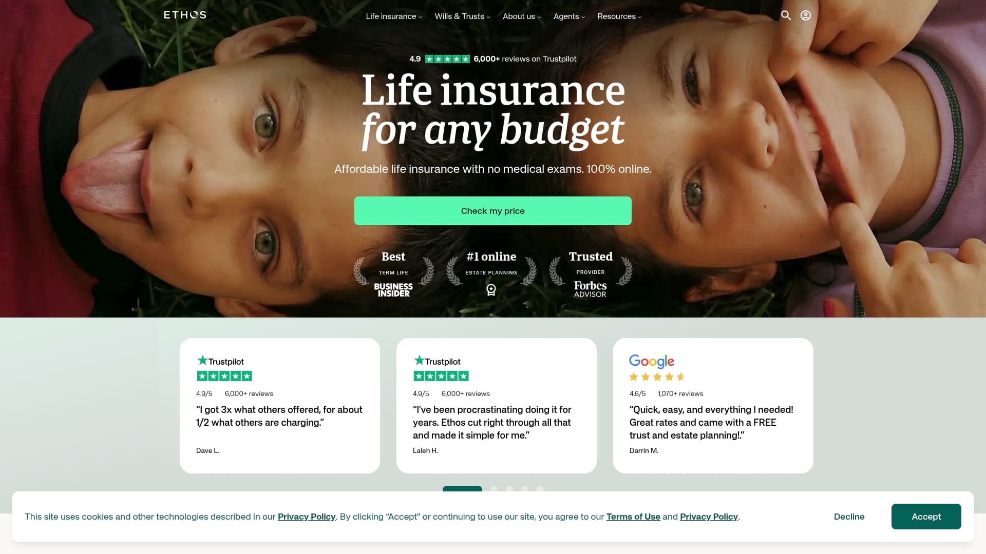 Ethos sponsor landing page advertised on The Ben Shapiro Show