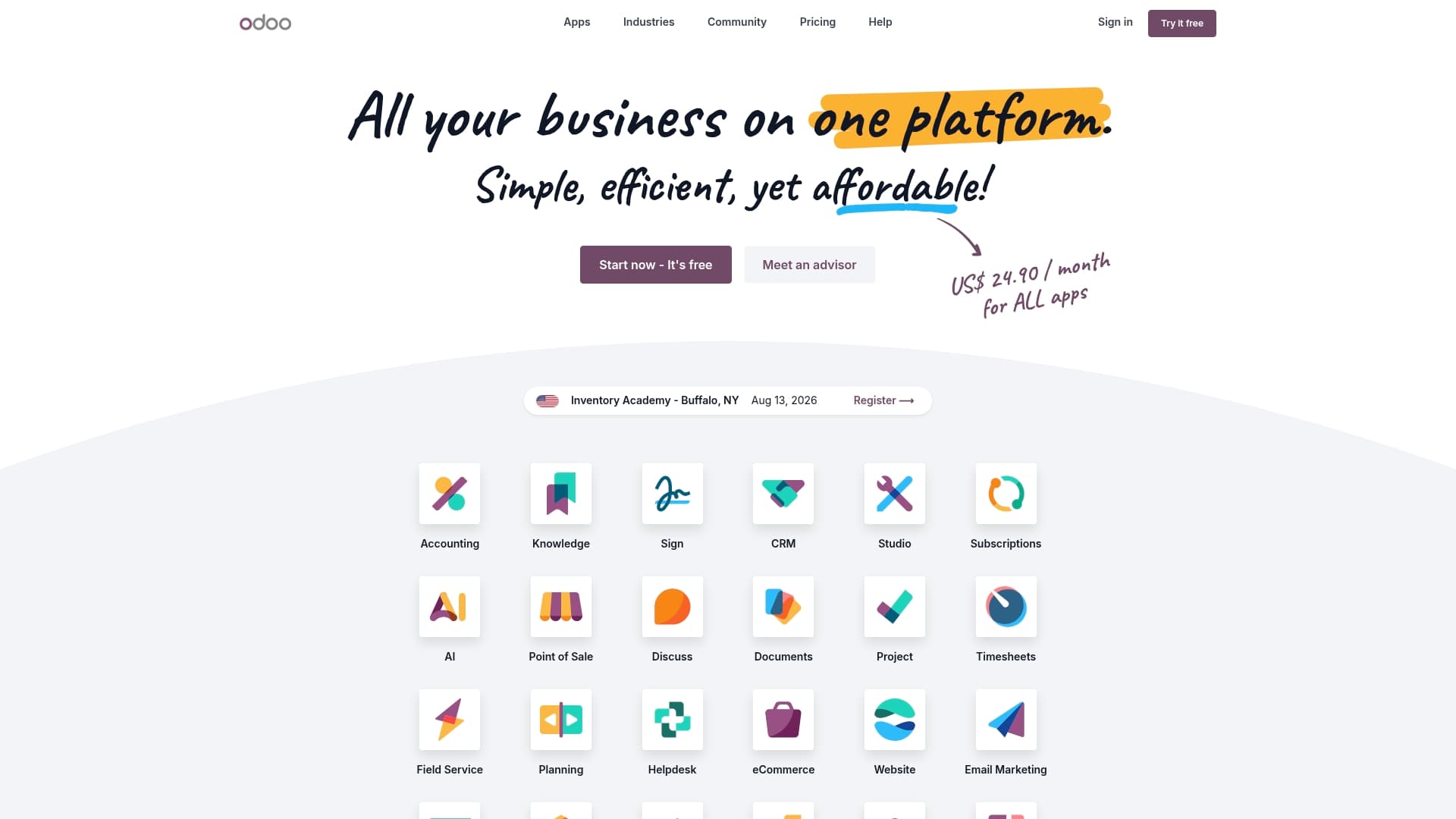 Odoo sponsor landing page advertised on Ten Percent Happier with Dan Harris