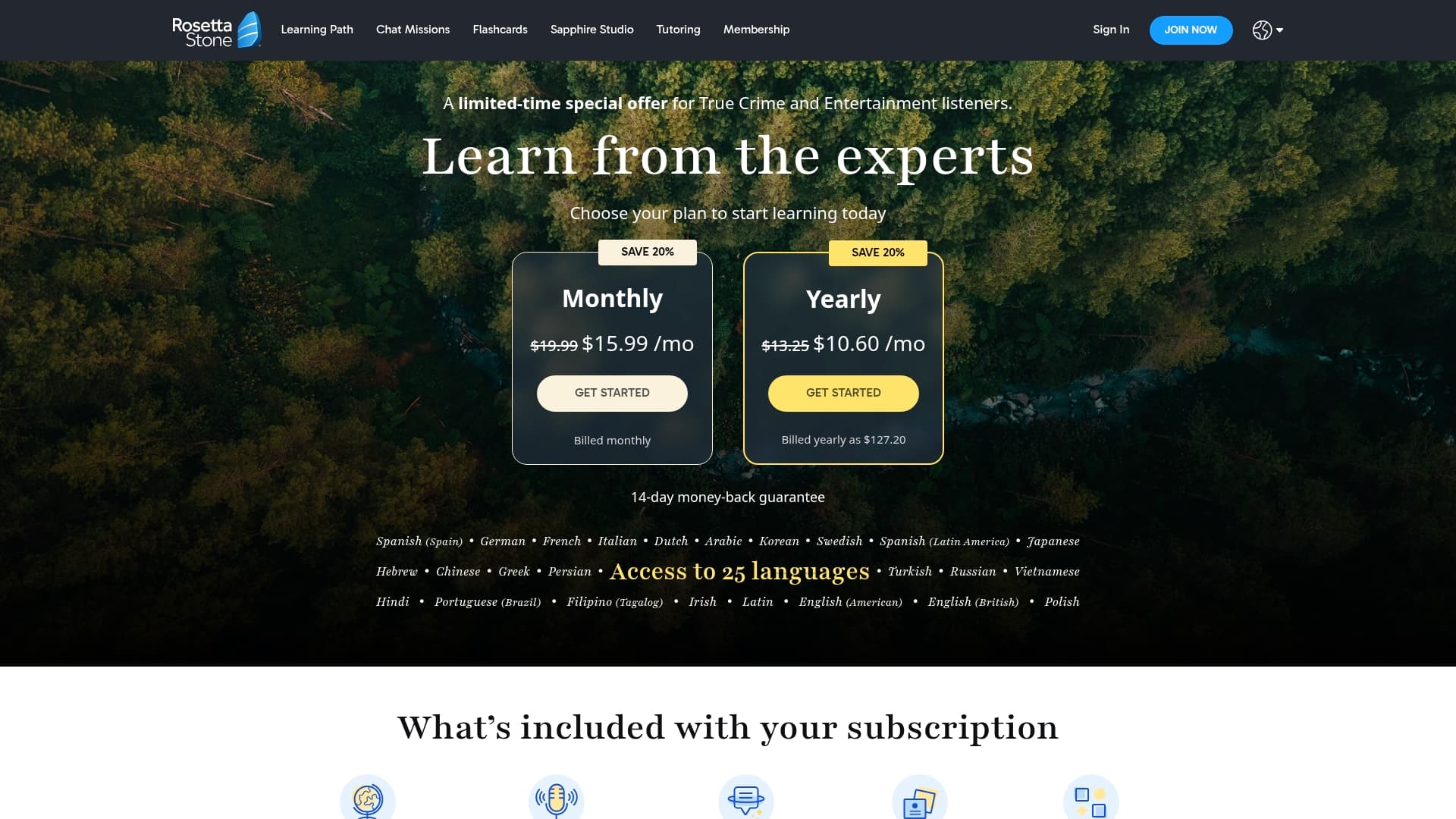 Rosetta Stone sponsor landing page advertised on Conspiracy Theories, Cults, & Crimes