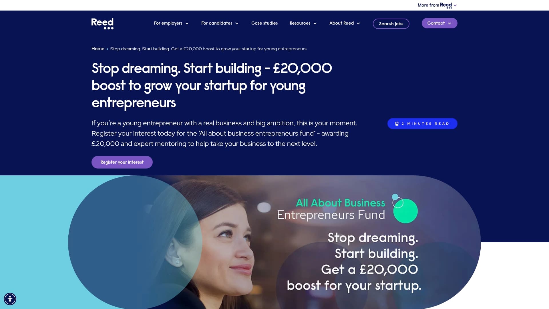REED sponsor landing page advertised on James Reed: all about business