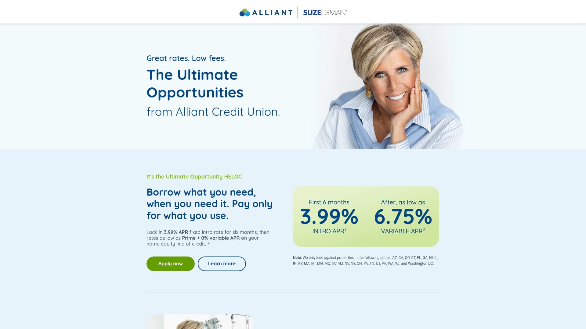 Alliant Credit Union sponsor landing page advertised on Suze Orman's Women & Money (And Everyone Smart Enough To Listen)