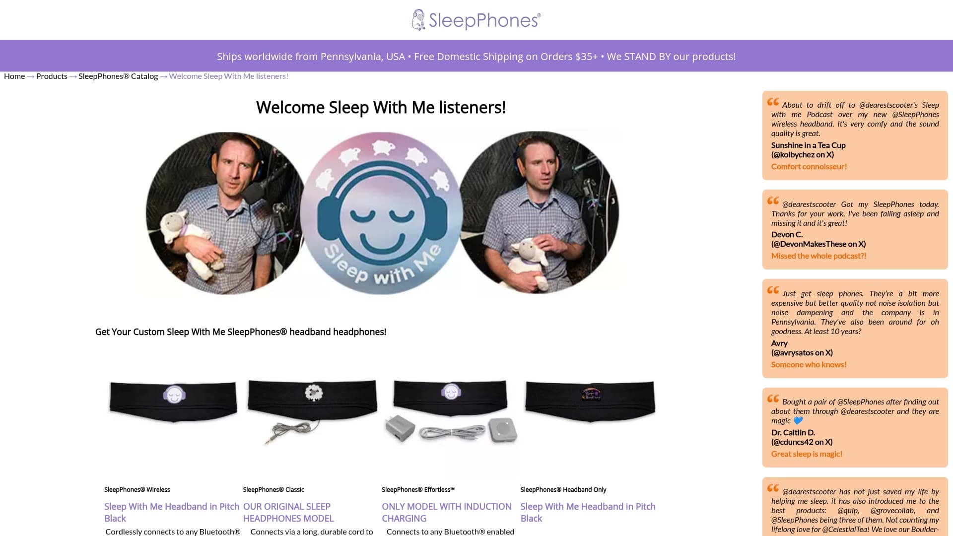 Sleep Phones sponsor landing page advertised on Sleep With Me