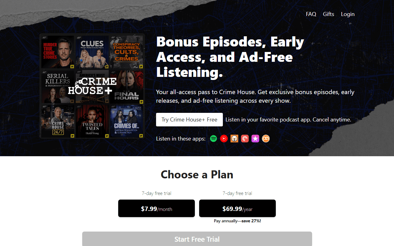 Crime House Plus sponsor landing page advertised on Murder: True Crime Stories
