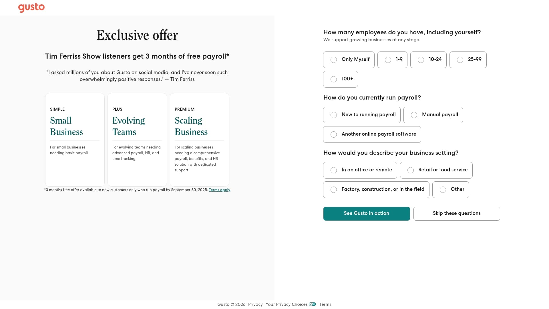Gusto sponsor landing page advertised on The Tim Ferriss Show