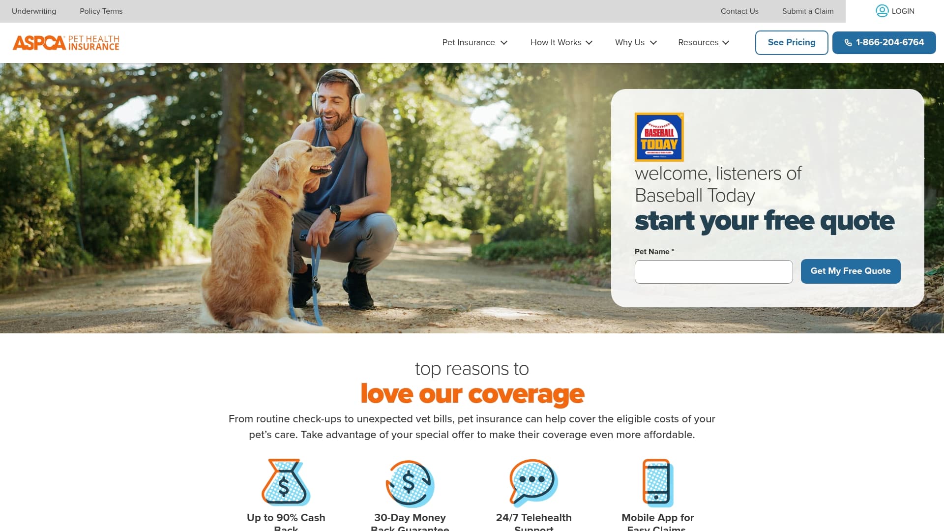 ASPCA Pet Health Insurance sponsor landing page advertised on Baseball Today