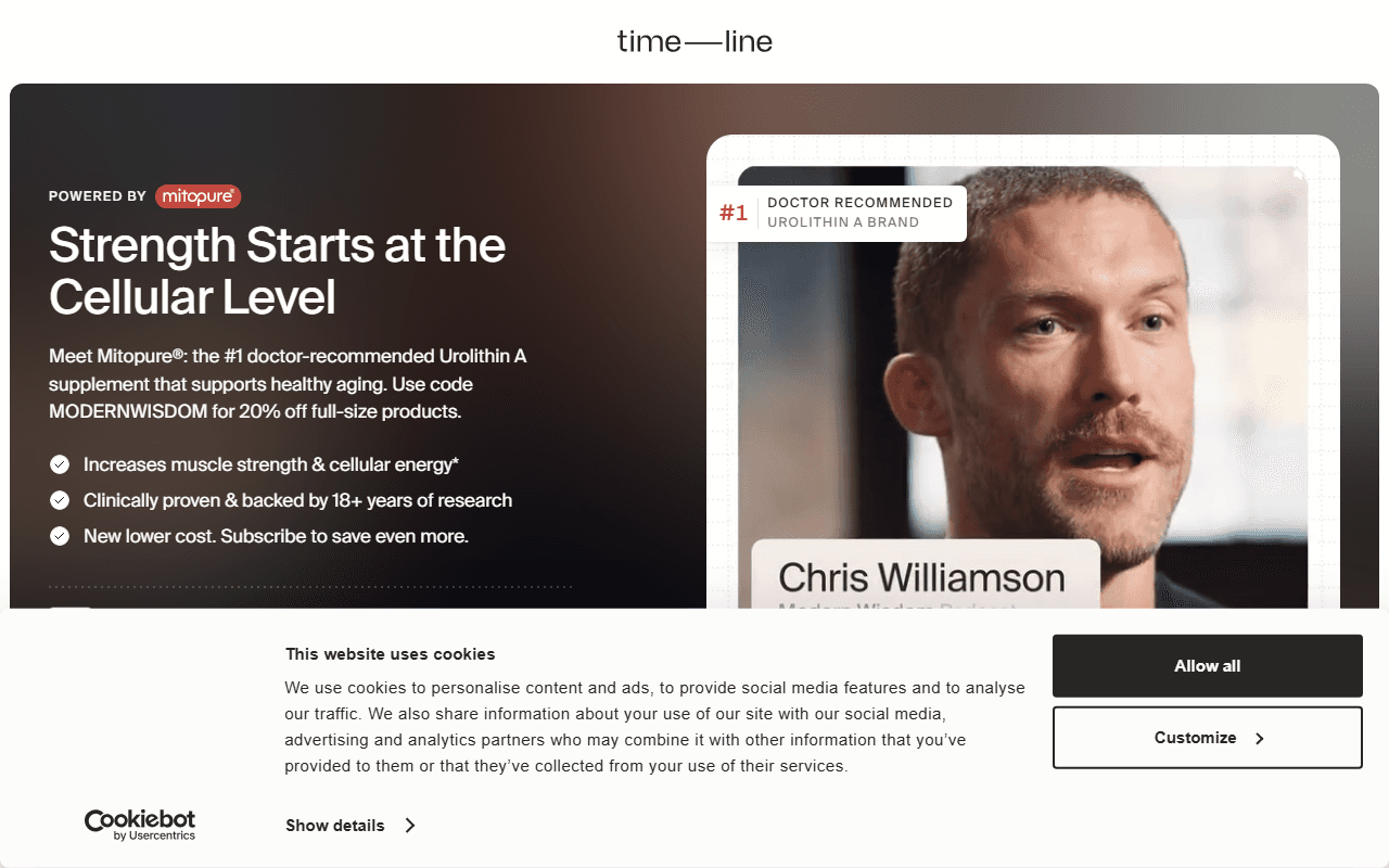 Timeline sponsor landing page advertised on Modern Wisdom