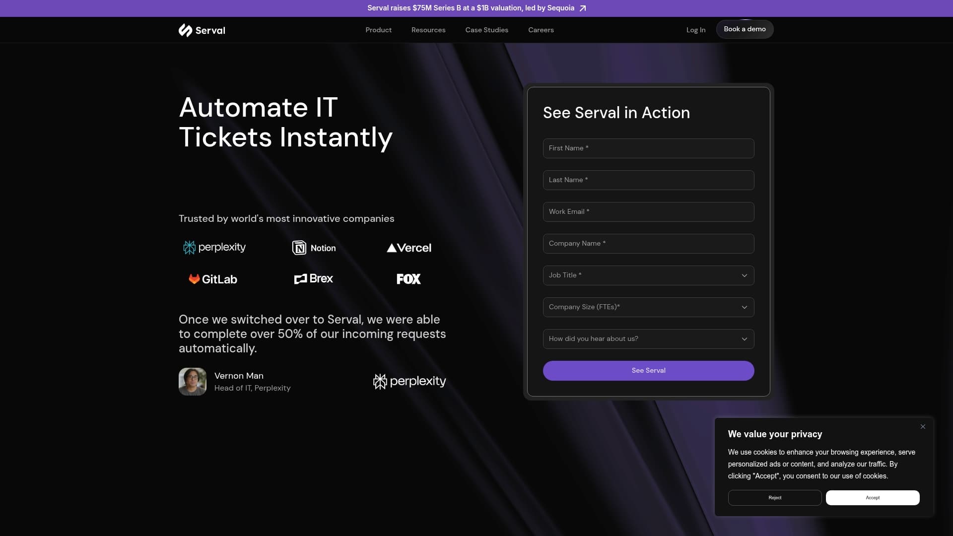 Serval sponsor landing page advertised on Hacked