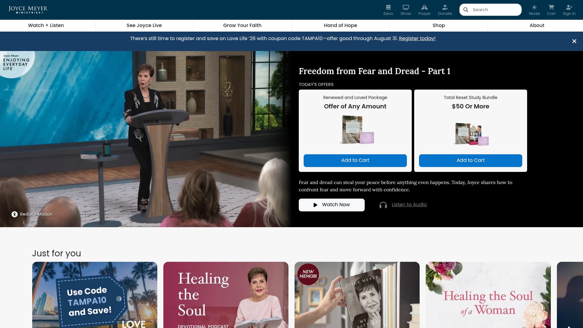 Joyce Meyer Ministries sponsor landing page advertised on Joyce Meyer Enjoying Everyday Life® TV Audio Podcast