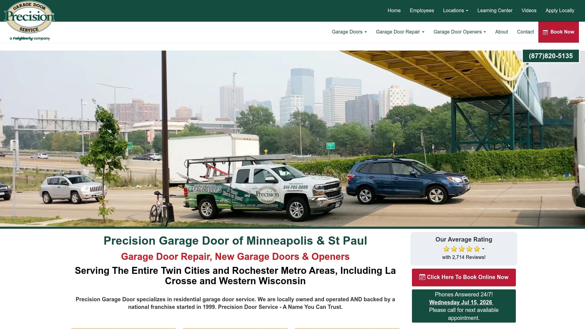 Precision Garage Door sponsor landing page advertised on Garage Logic