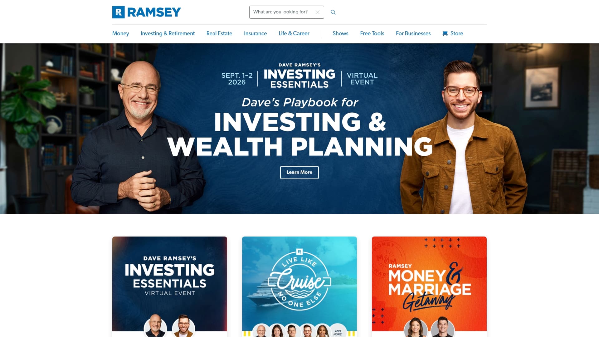 Ramsey Solutions Investing Essentials Event sponsor landing page advertised on The Ramsey Show