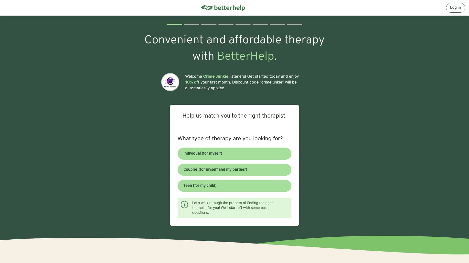 BetterHelp sponsor landing page advertised on Crime Junkie