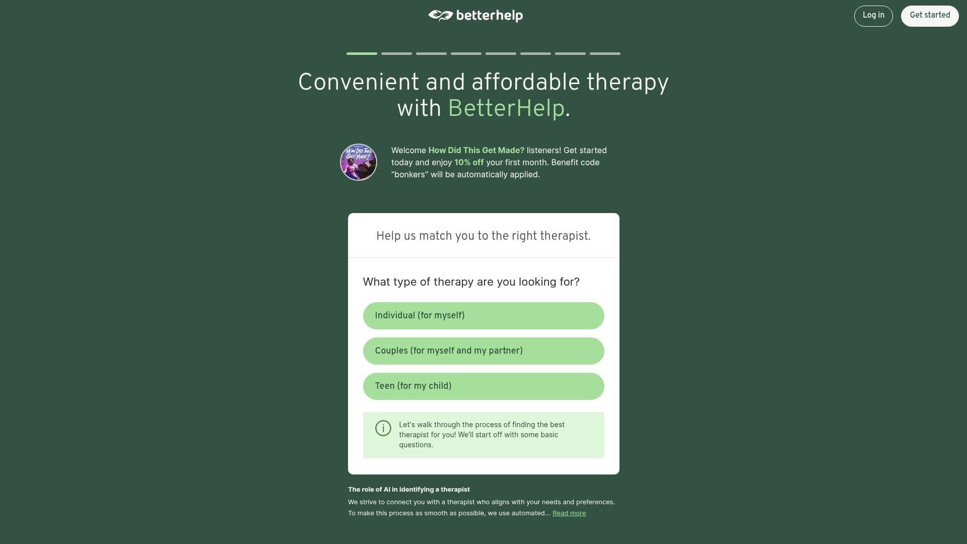 BetterHelp sponsor landing page advertised on How Did This Get Made?