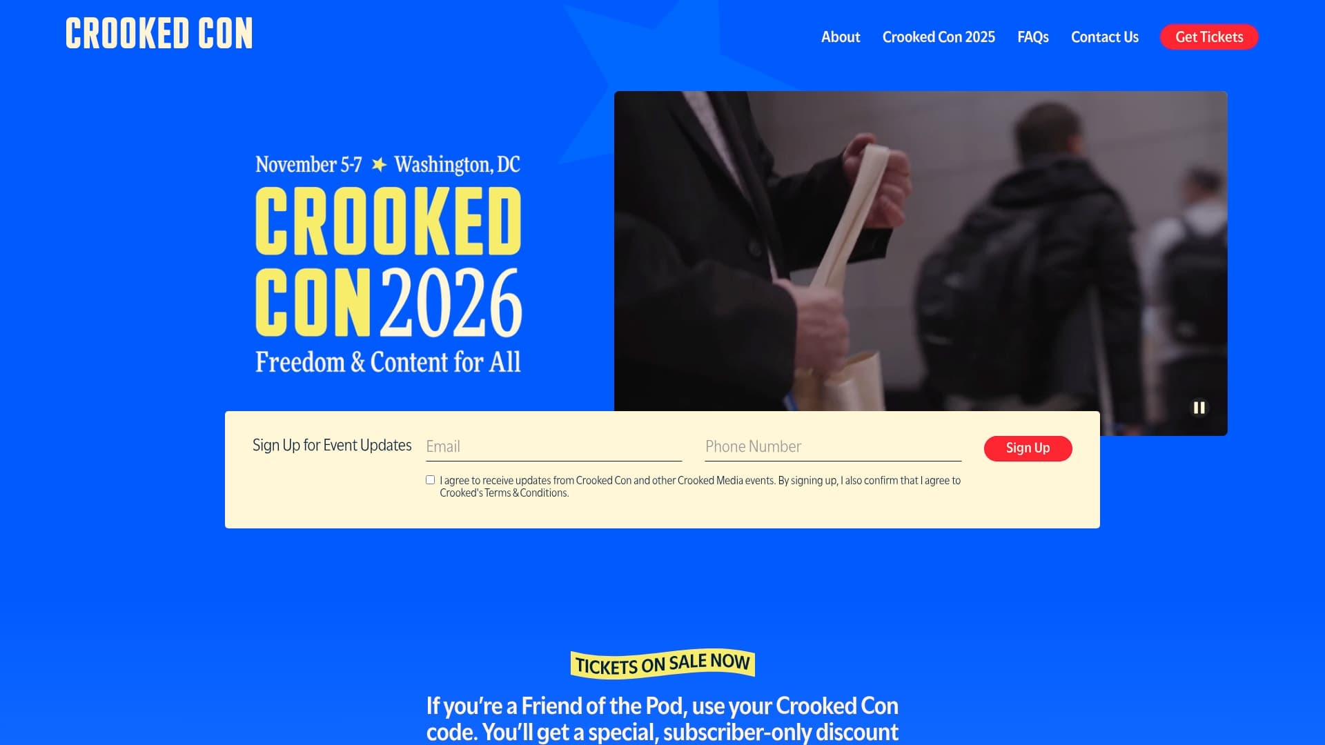 Crooked Con sponsor landing page advertised on Pod Save America