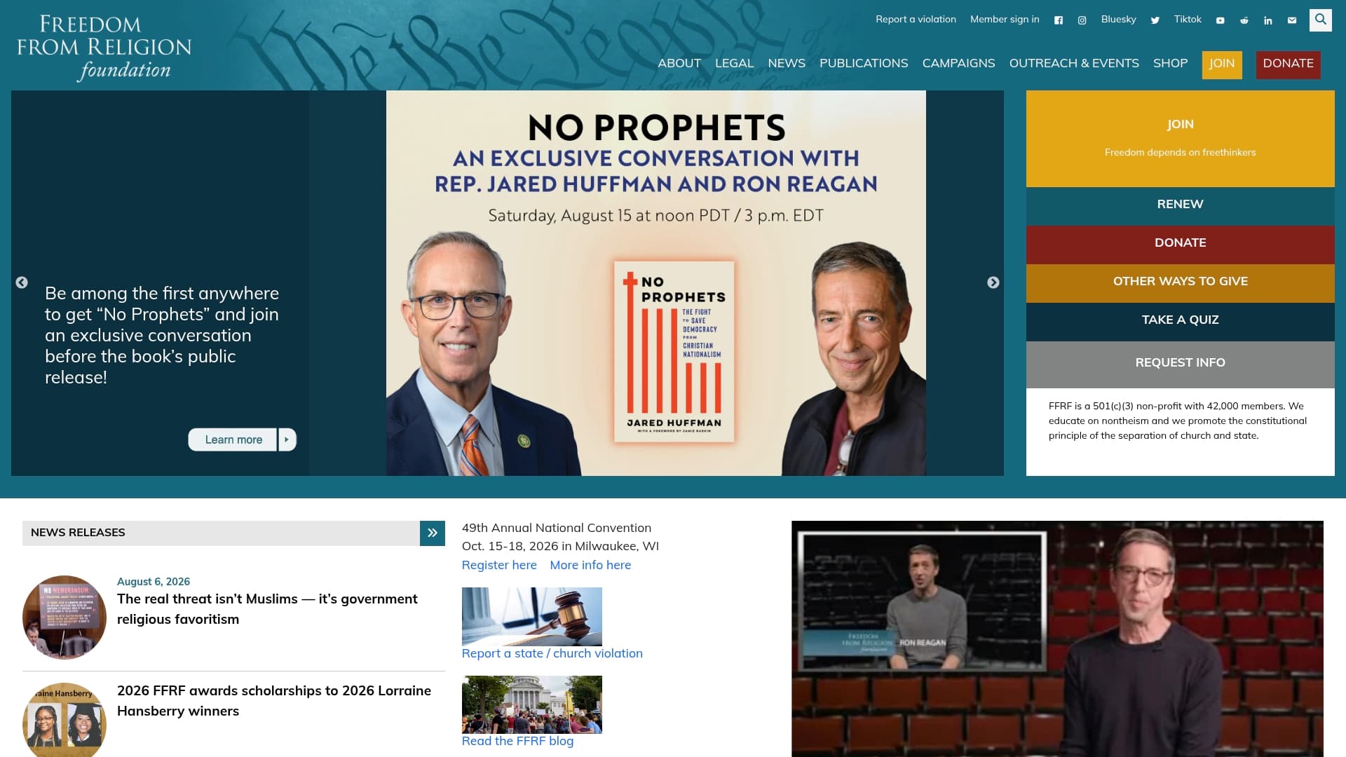 Freedom From Religion Foundation sponsor landing page advertised on The MeidasTouch Podcast