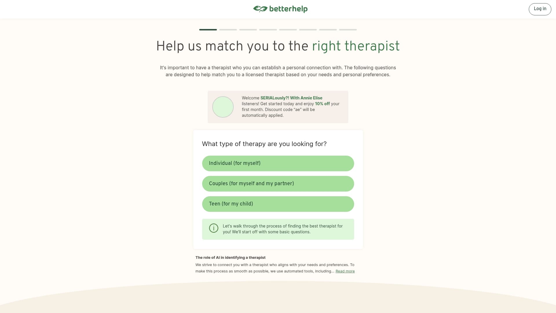 BetterHelp sponsor landing page advertised on SERIALously