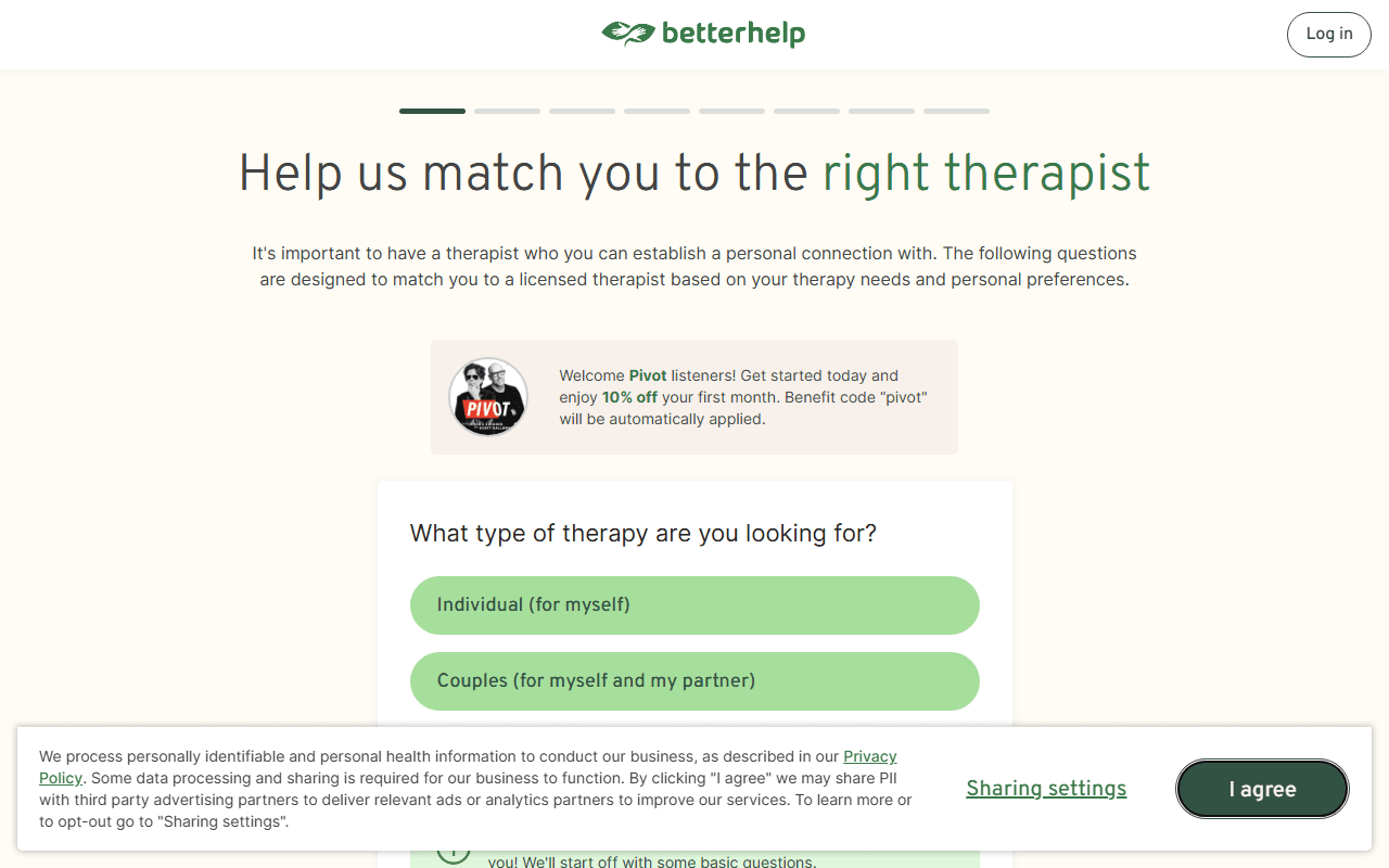 BetterHelp sponsor landing page advertised on Pivot