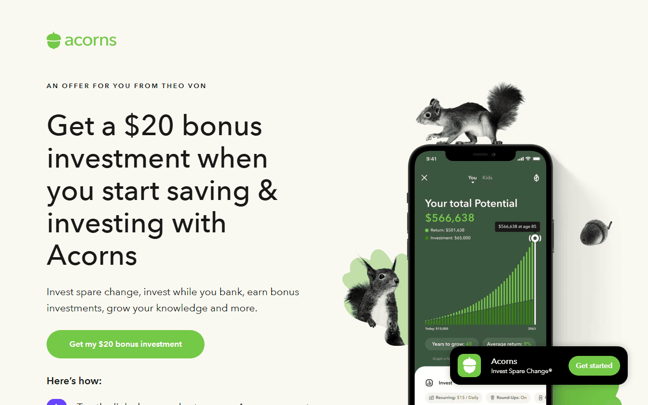 Acorns sponsor landing page advertised on This Past Weekend w/ Theo Von