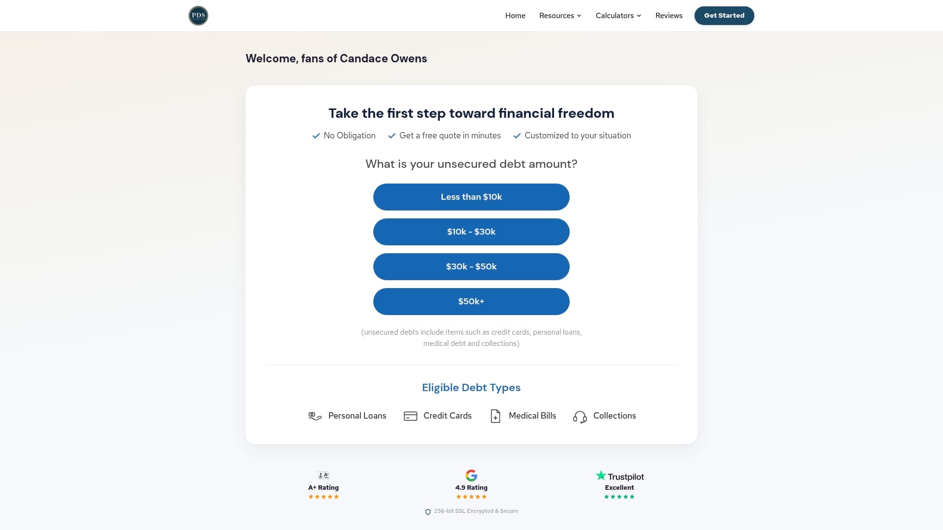 PDS Debt sponsor landing page advertised on Candace