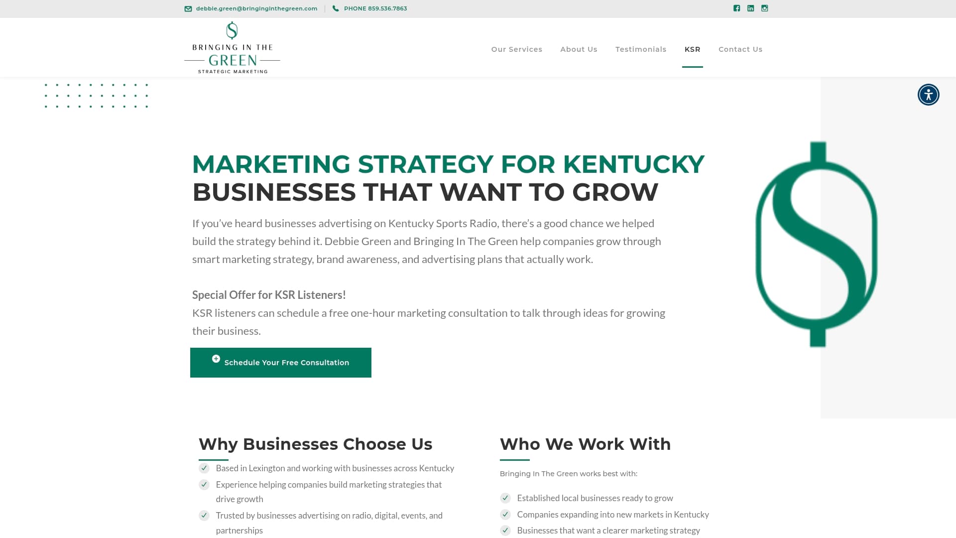 Bringing in the Green sponsor landing page advertised on KSR