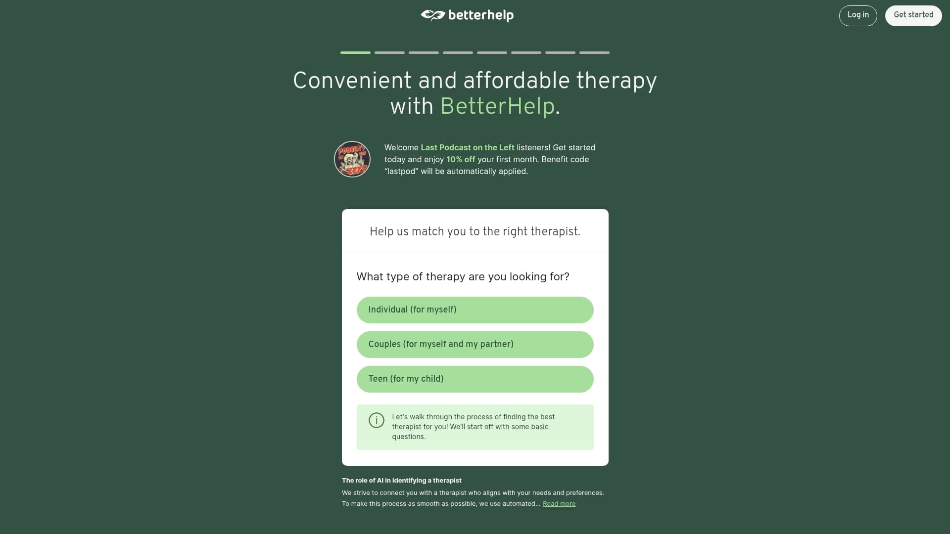 BetterHelp sponsor landing page advertised on Last Podcast On The Left