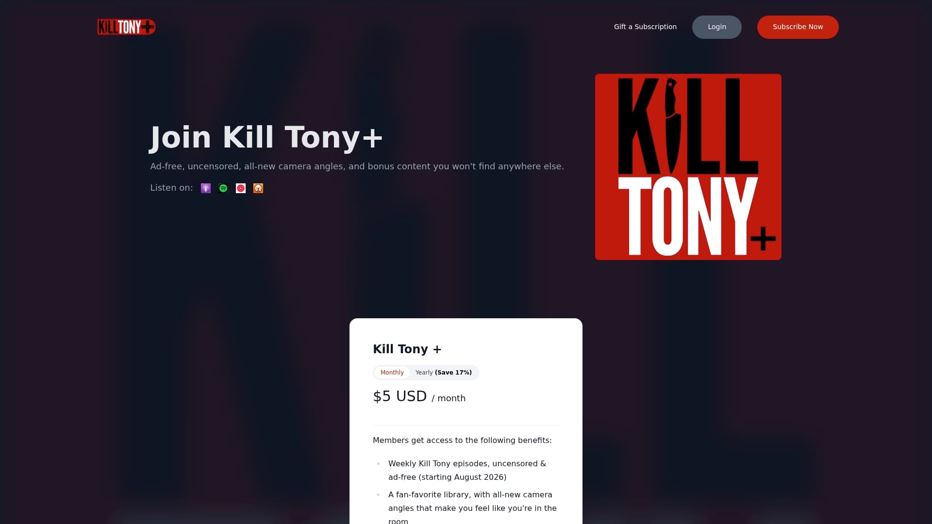 Kill Tony Plus sponsor landing page advertised on KILL TONY