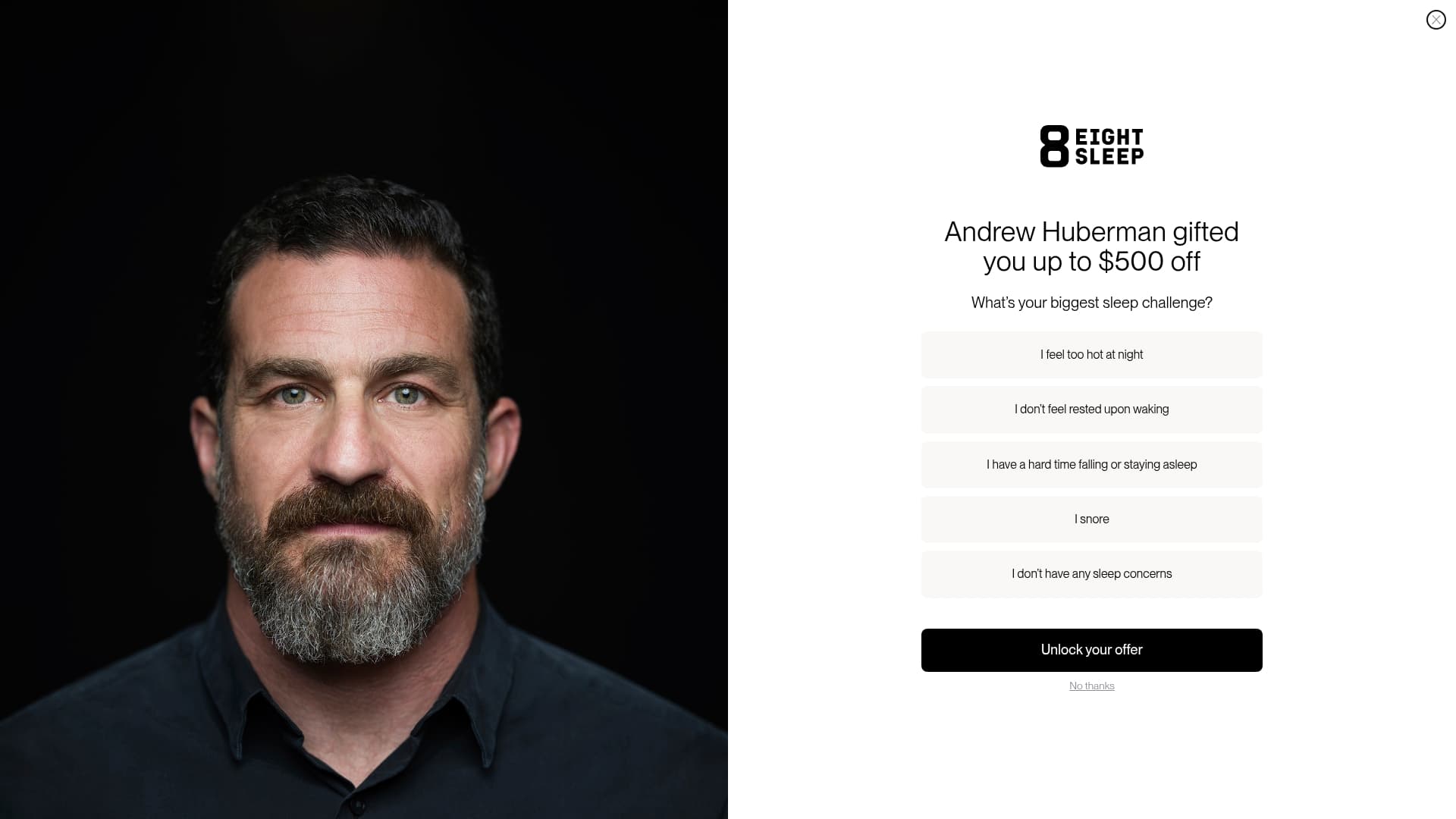 Eight Sleep sponsor landing page advertised on Huberman Lab