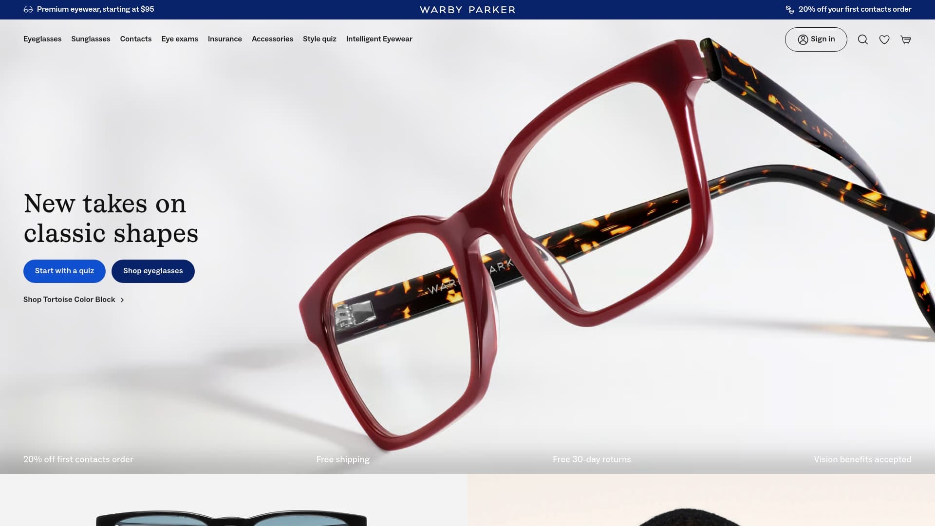 Warby Parker sponsor landing page advertised on Ten Percent Happier with Dan Harris