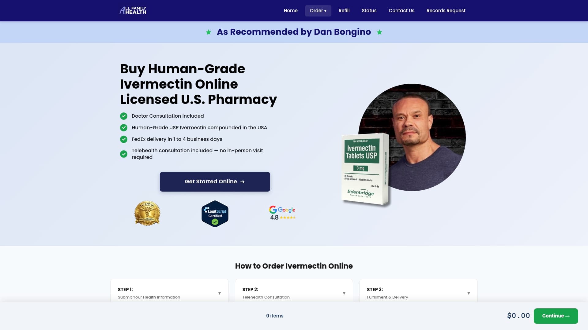 All Family Pharmacy sponsor landing page advertised on The Dan Bongino Show