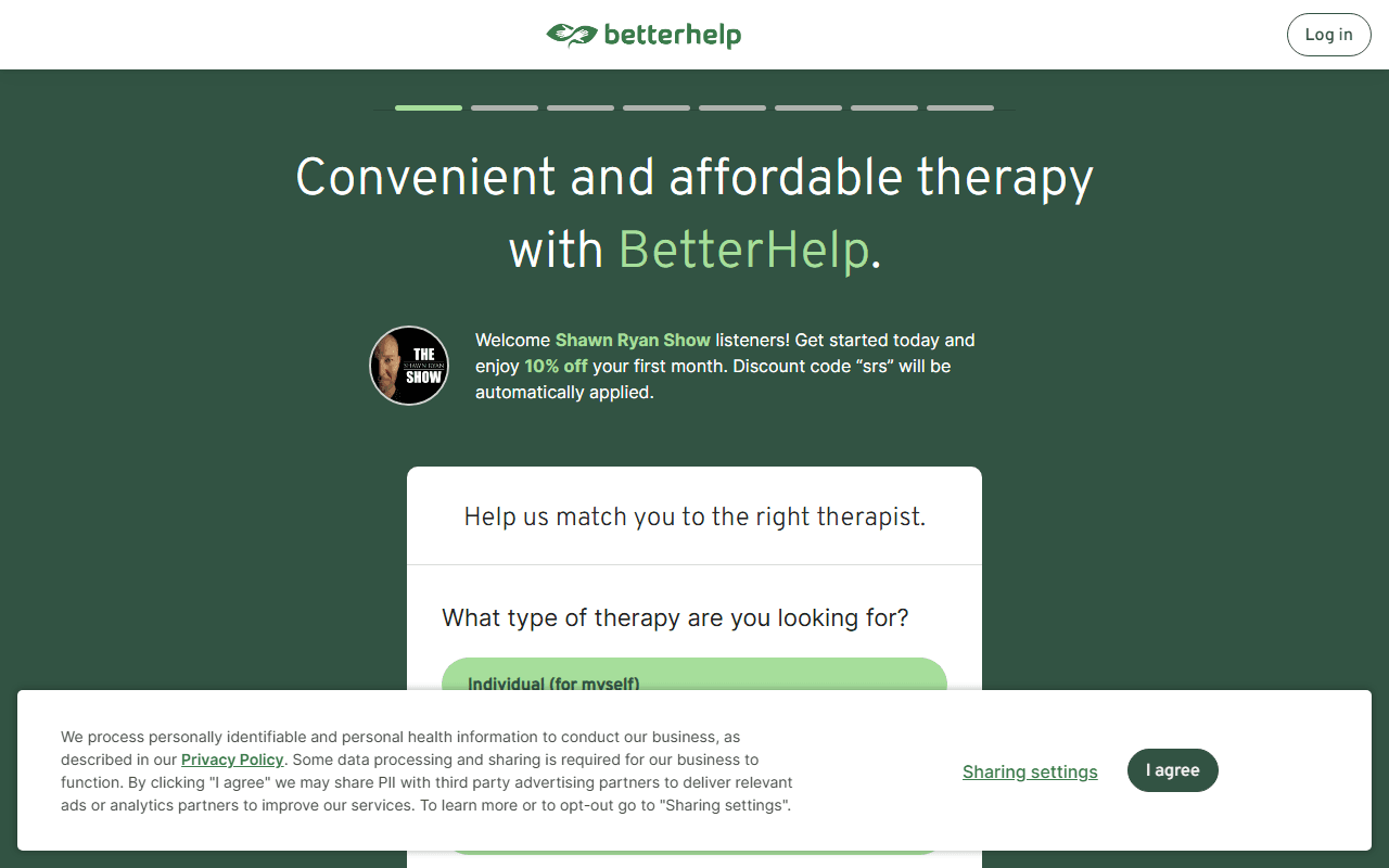 BetterHelp sponsor landing page advertised on Shawn Ryan Show