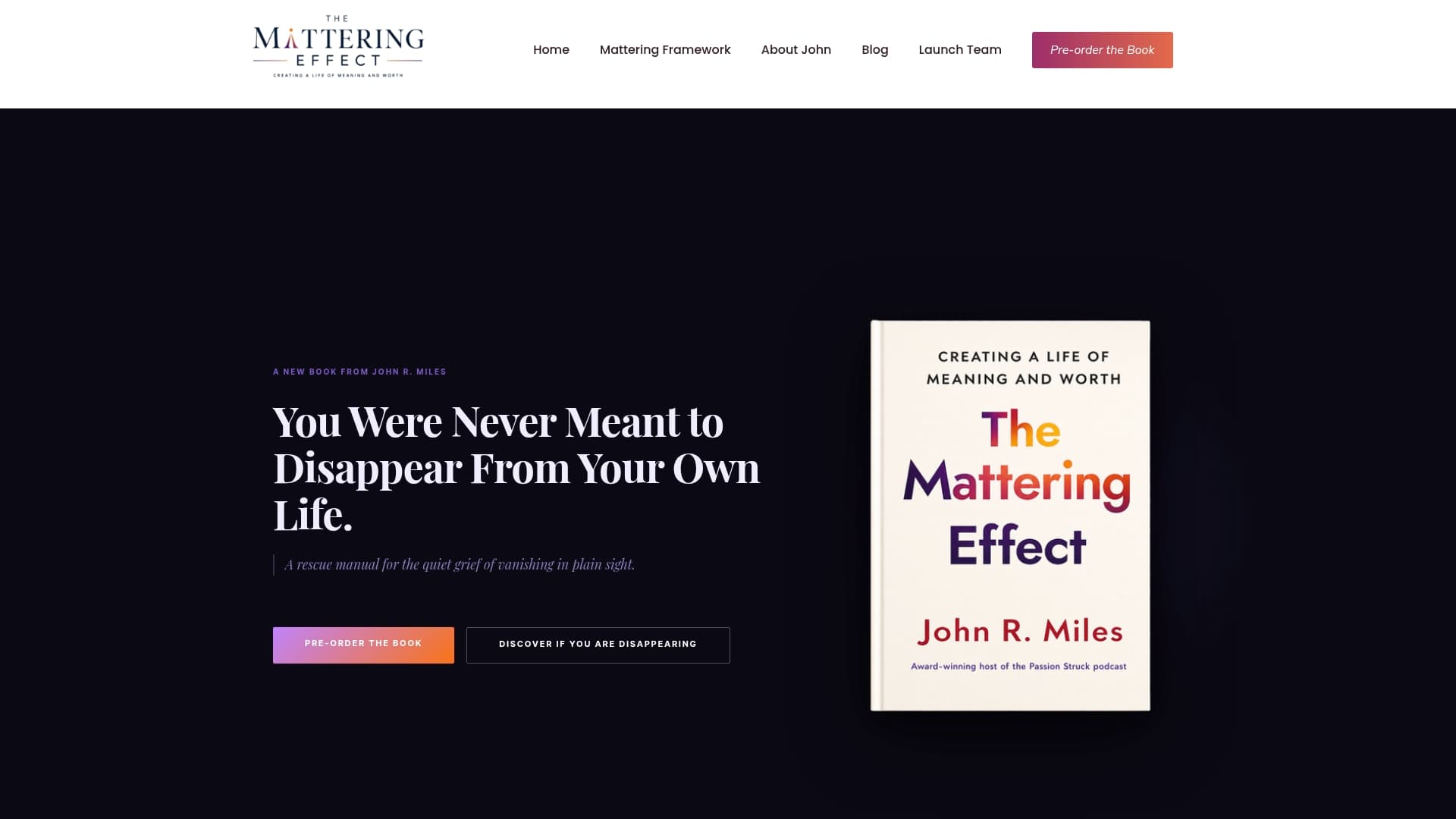 The Mattering Effect sponsor landing page advertised on Passion Struck with John R. Miles
