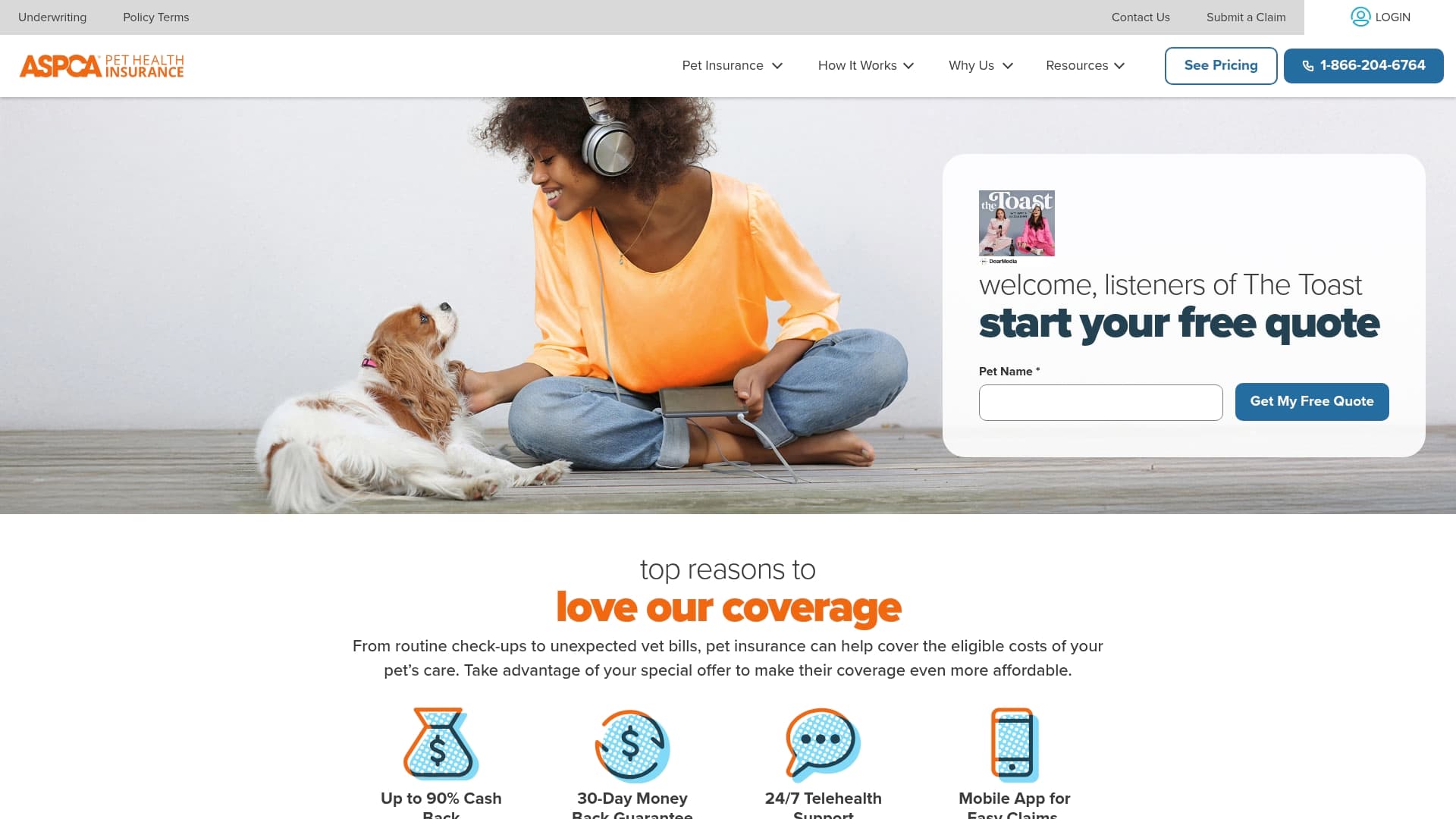 ASPCA Pet Health Insurance sponsor landing page advertised on The Toast