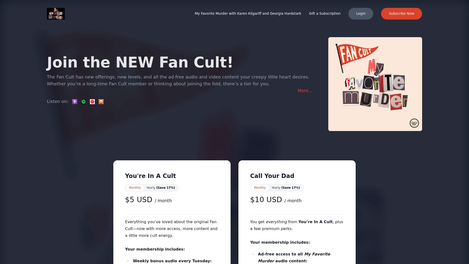 The Fan Cult / Supercast sponsor landing page advertised on My Favorite Murder with Karen Kilgariff and Georgia Hardstark