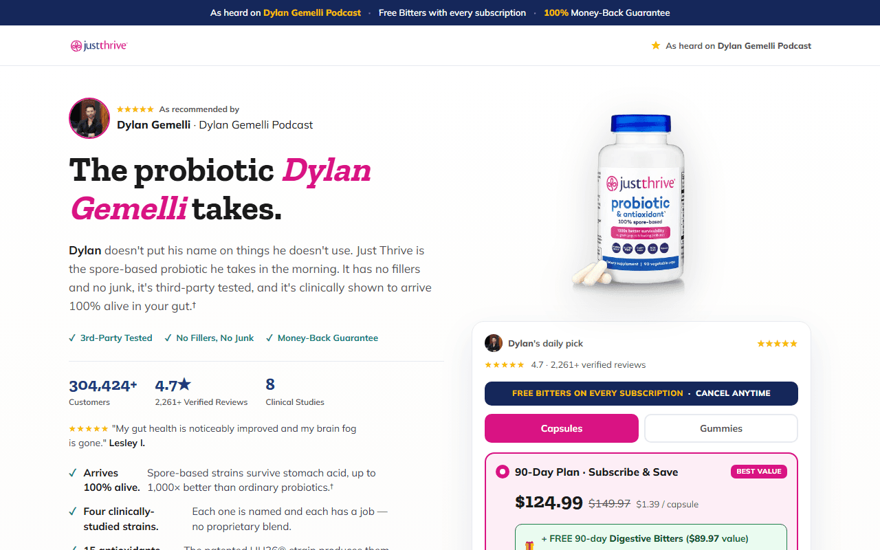 Just Thrive sponsor landing page advertised on The Dylan Gemelli Podcast