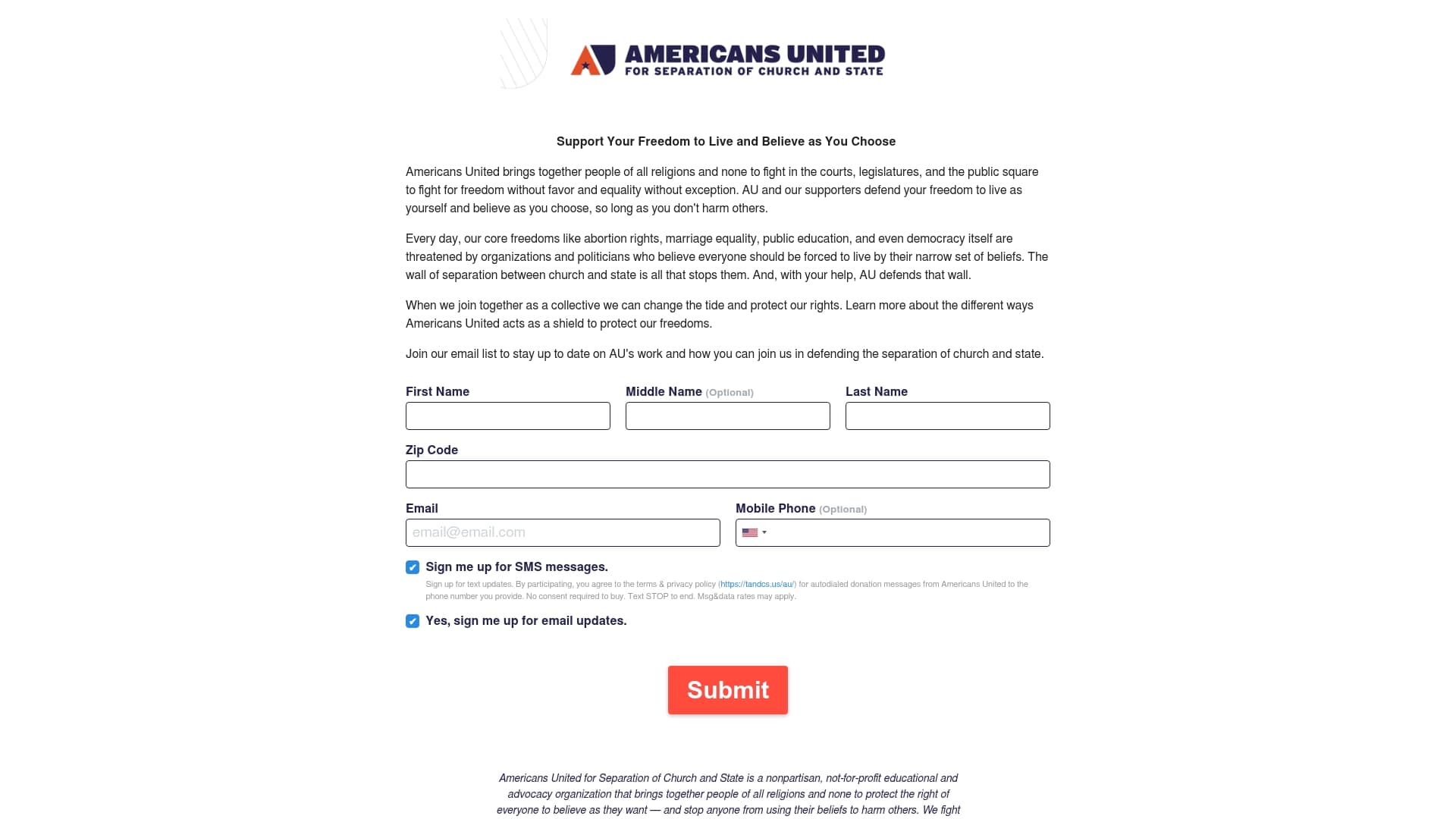 Americans United for Separation of Church and State sponsor landing page advertised on Strict Scrutiny