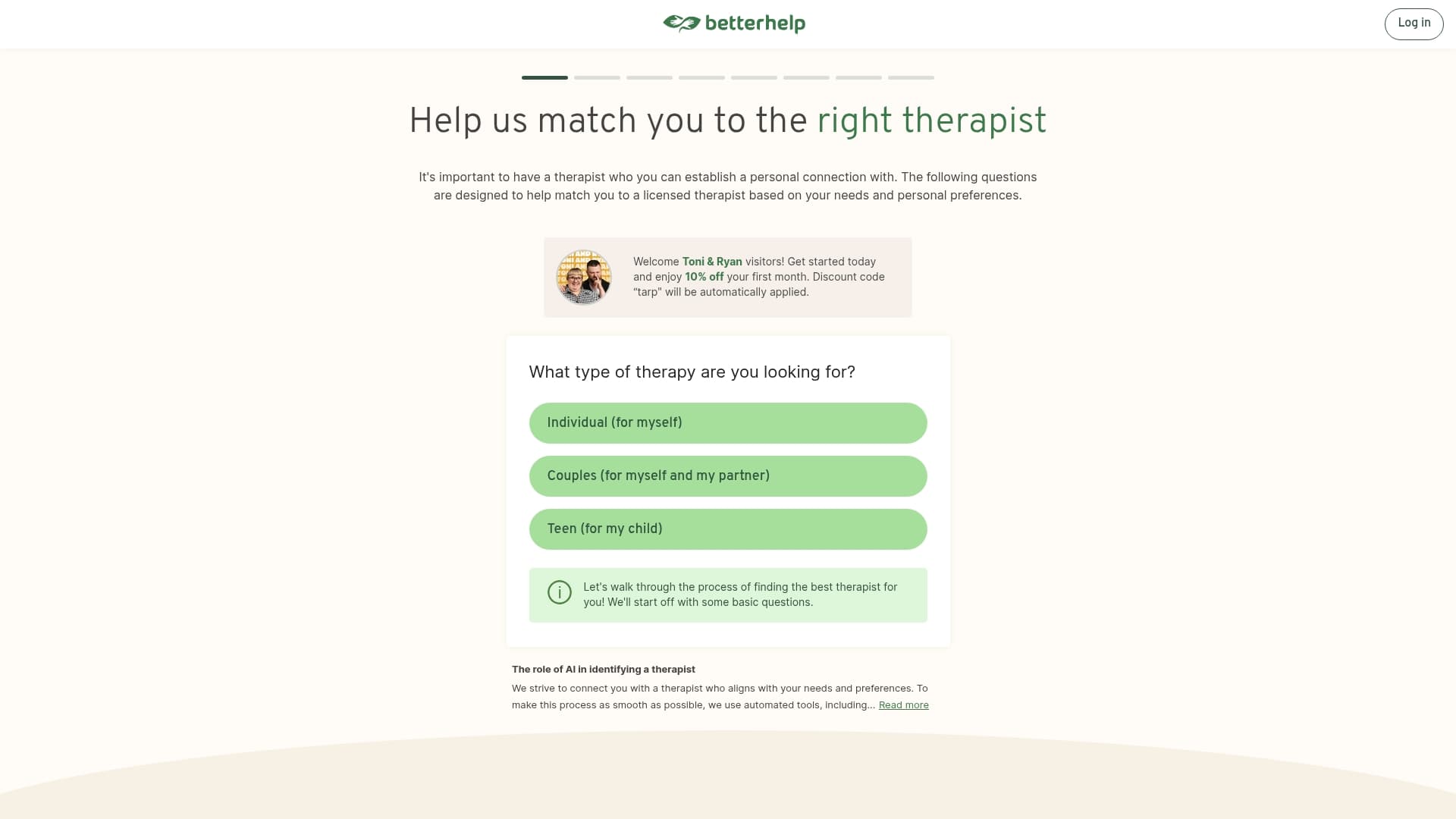 BetterHelp sponsor landing page advertised on Toni and Ryan