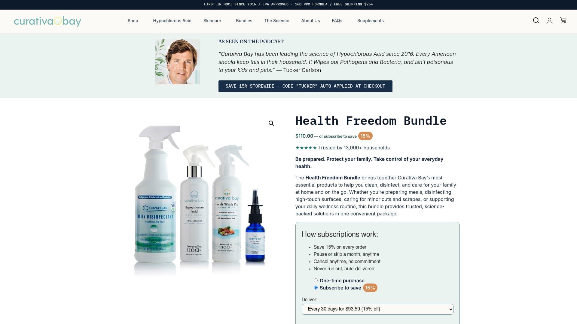 Curativa Bay sponsor landing page advertised on The Tucker Carlson Podcast