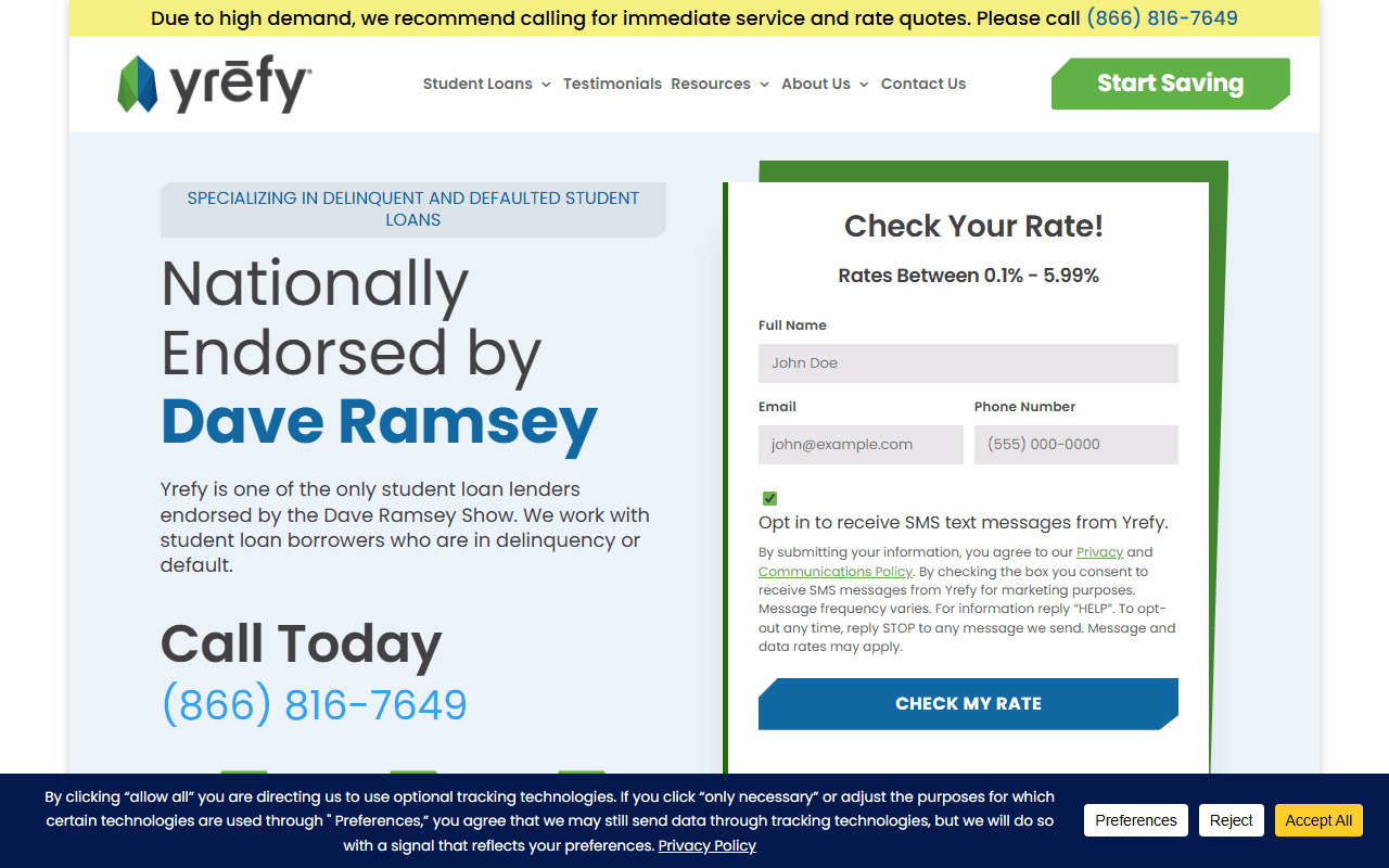 YREFI sponsor landing page advertised on The Ramsey Show