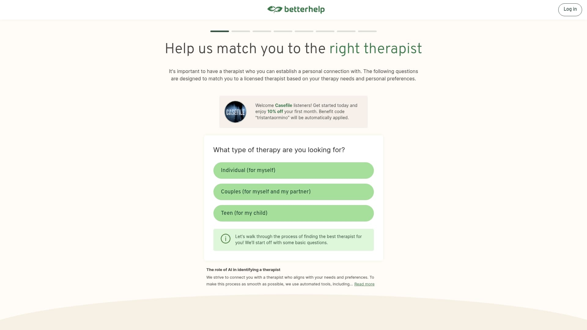 BetterHelp sponsor landing page advertised on Casefile True Crime