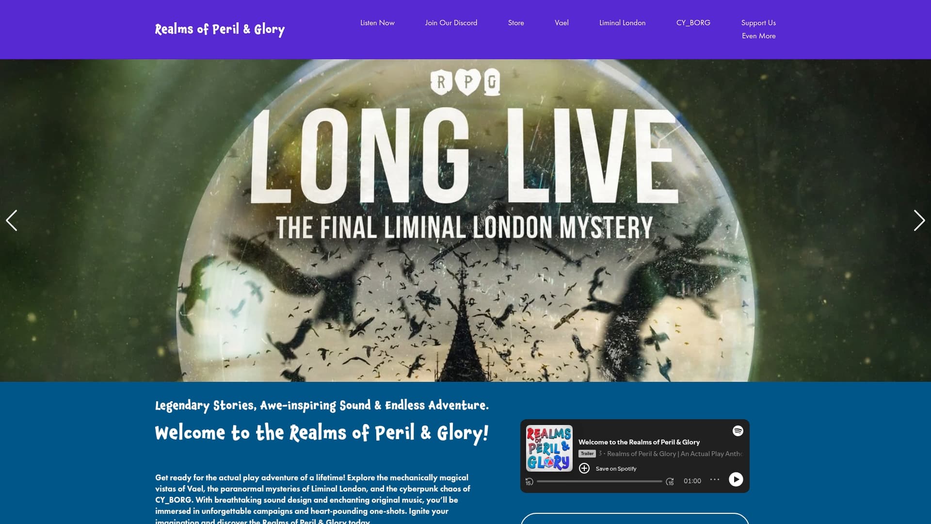 Realms of Peril and Glory sponsor landing page advertised on The Glass Cannon Podcast