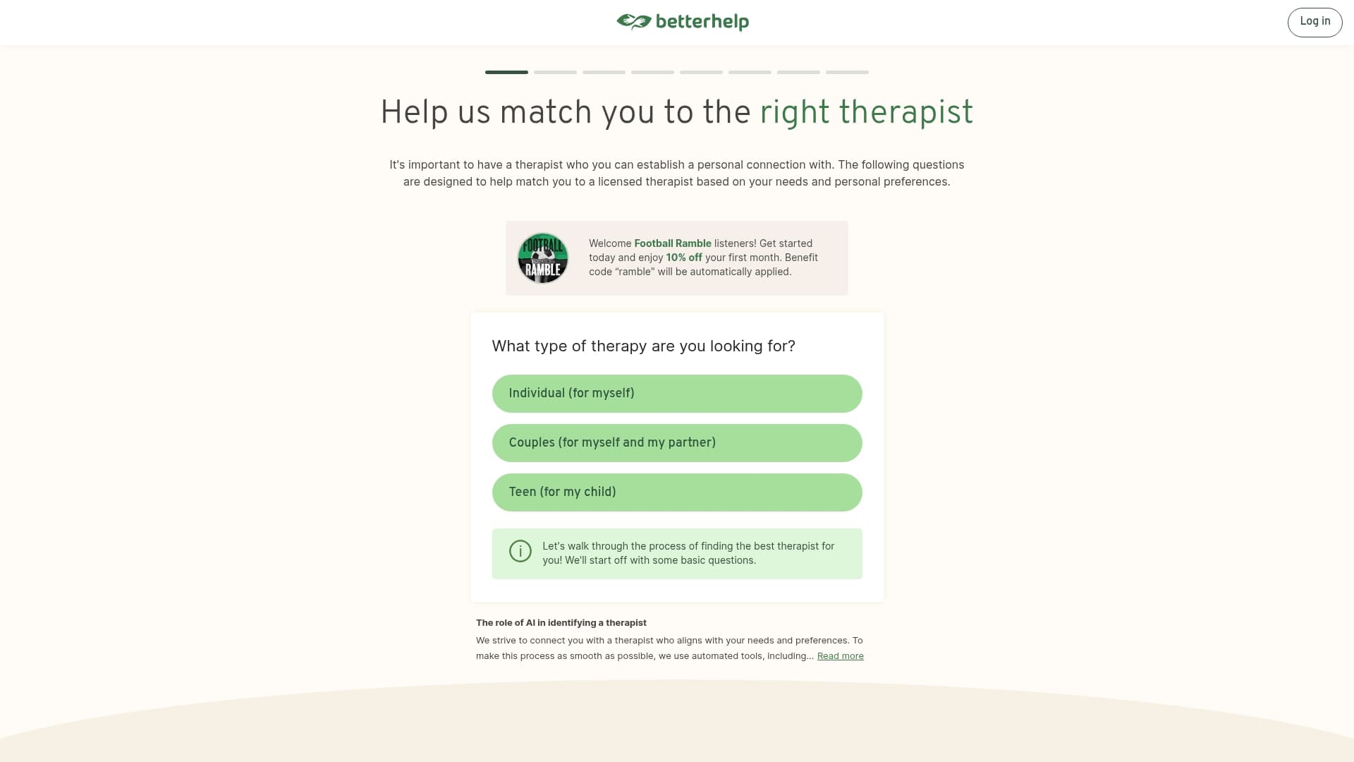 BetterHelp sponsor landing page advertised on Football Ramble
