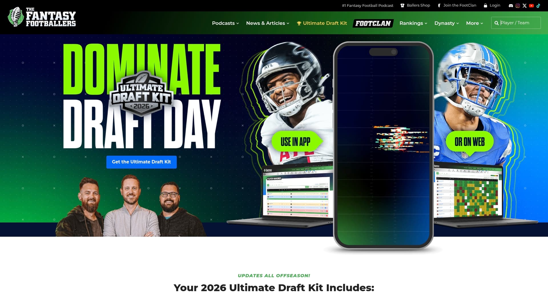 Ultimate Draft Kit sponsor landing page advertised on Fantasy Footballers - Fantasy Football Podcast