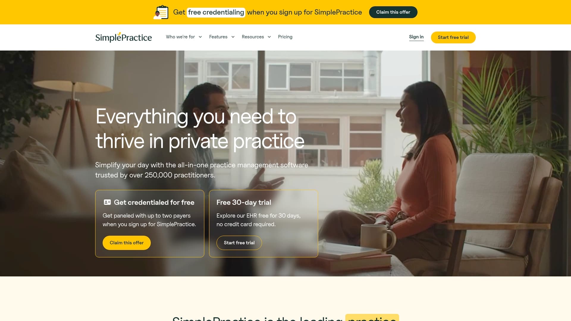 SimplePractice sponsor landing page advertised on The Bulwark Podcast