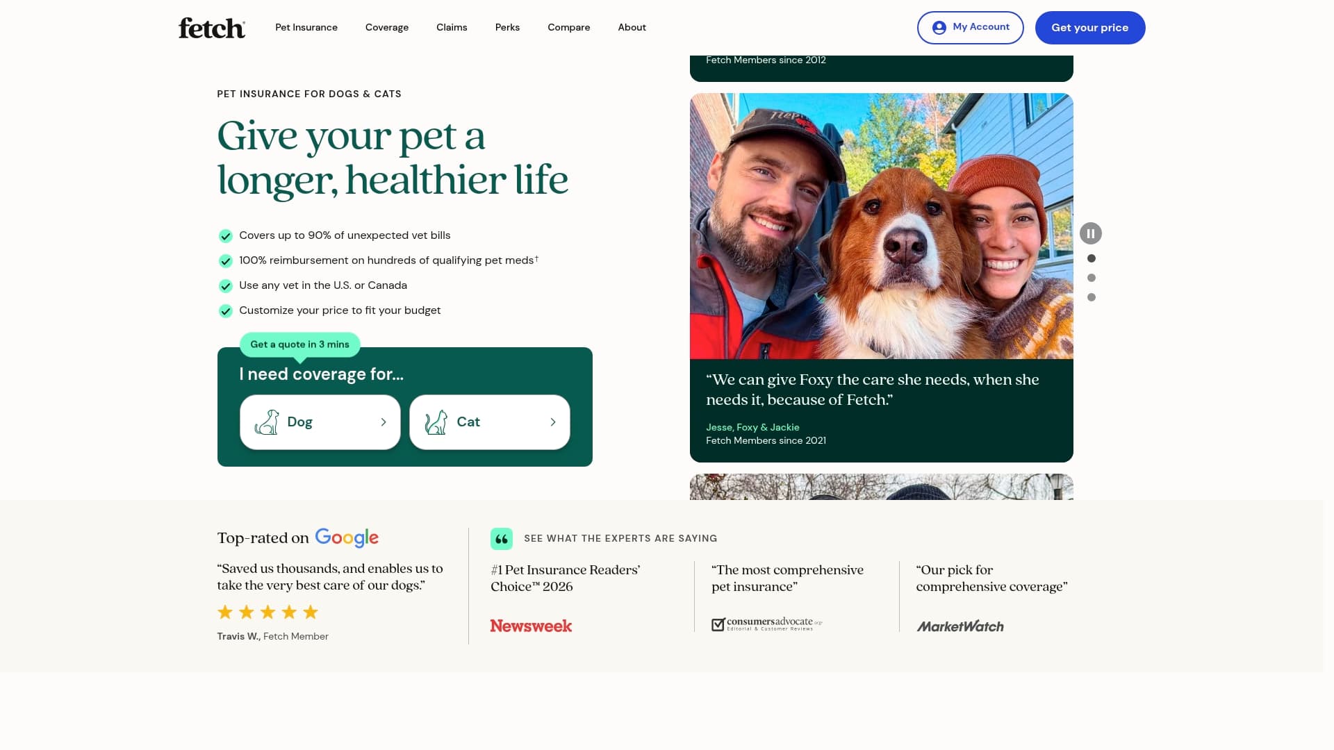 Fetch Pet Insurance sponsor landing page advertised on Today, Explained