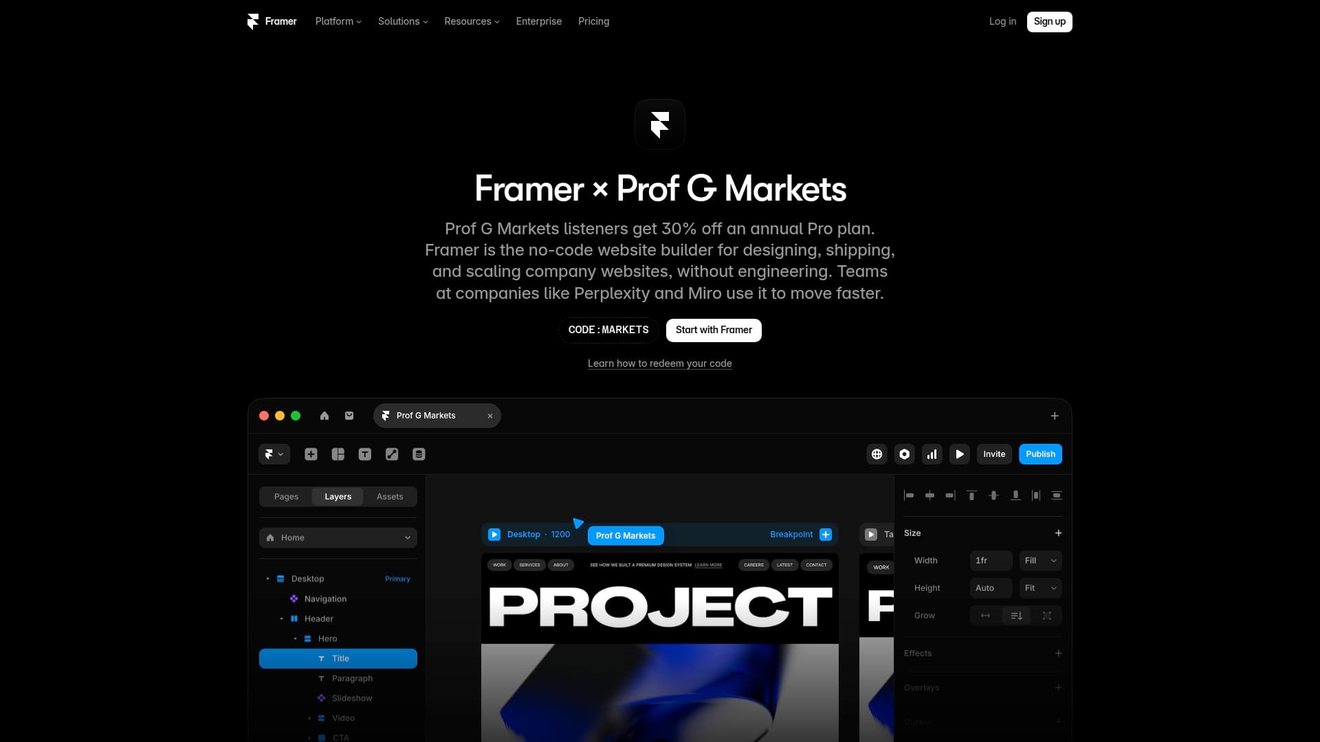 Framer sponsor landing page advertised on Prof G Markets