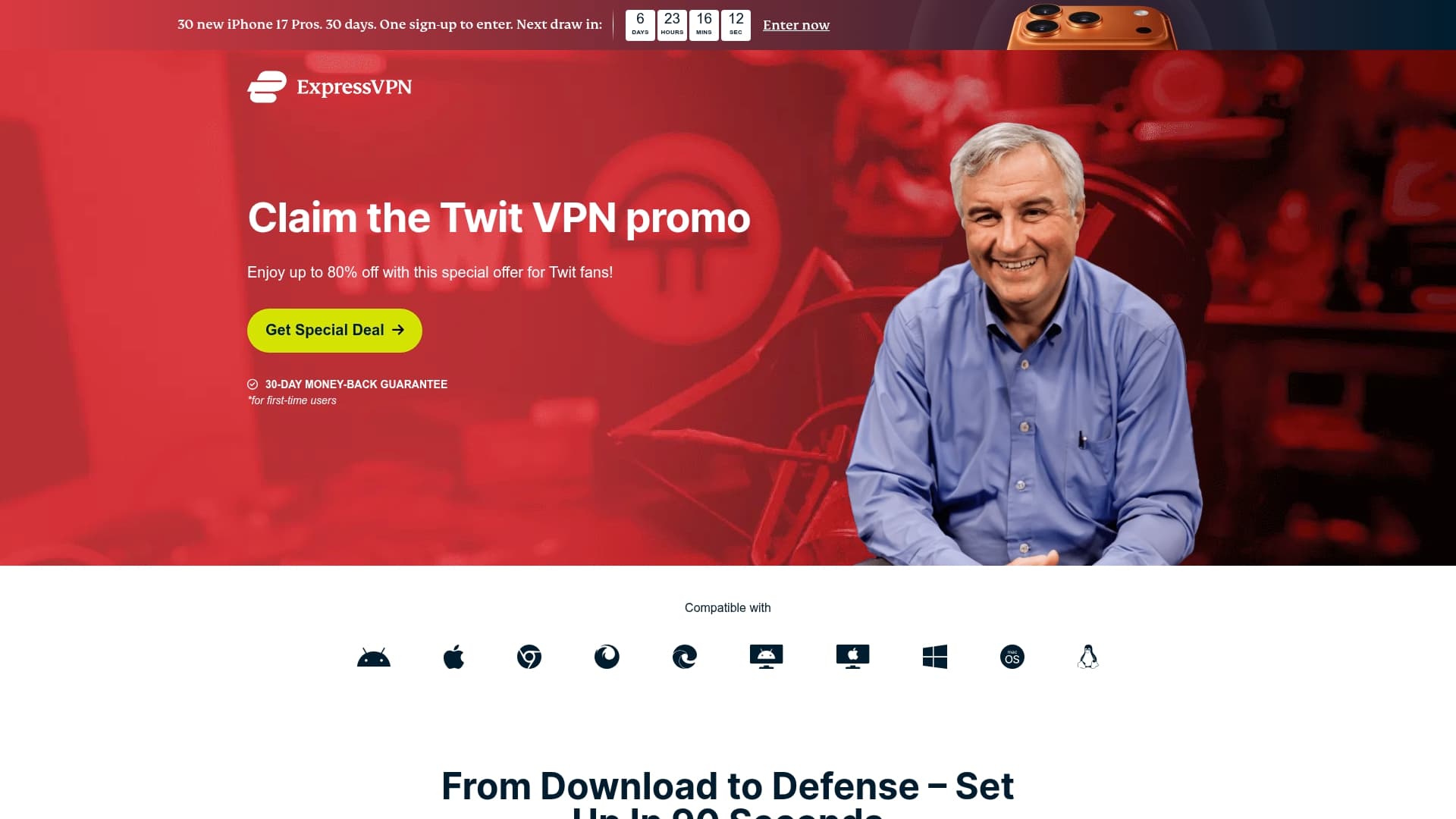 ExpressVPN sponsor landing page advertised on This Week in Tech (Audio)