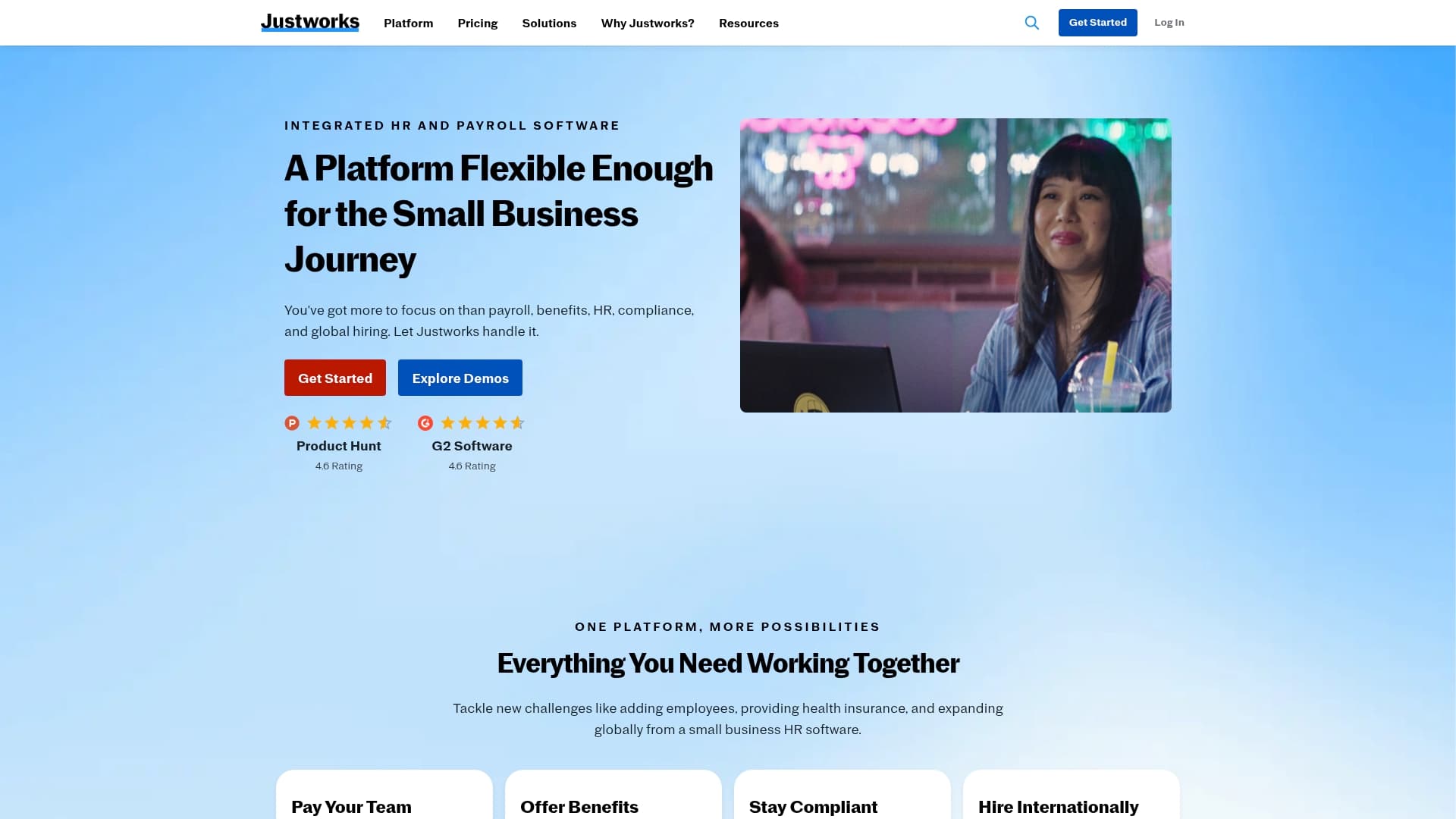 Justworks sponsor landing page advertised on Raging Moderates with Scott Galloway and Jessica Tarlov