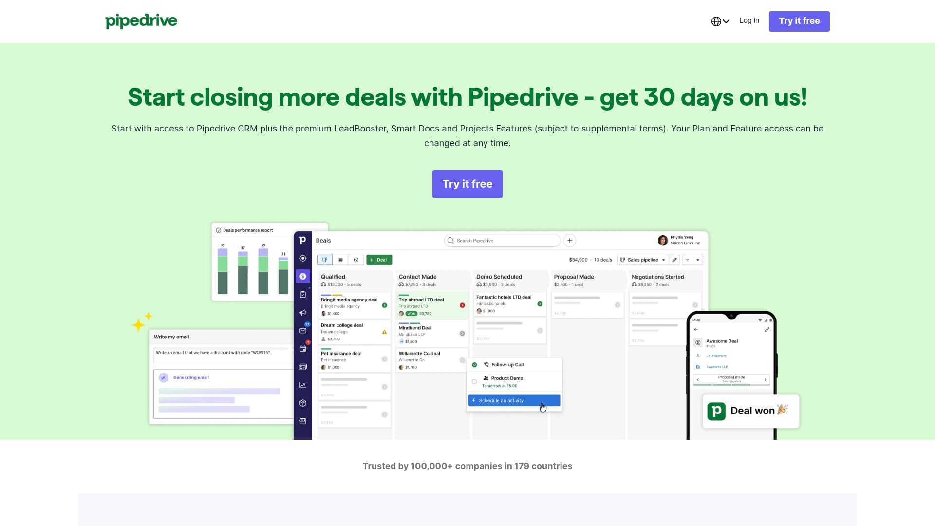 Pipedrive sponsor landing page advertised on Aspire with Emma Grede